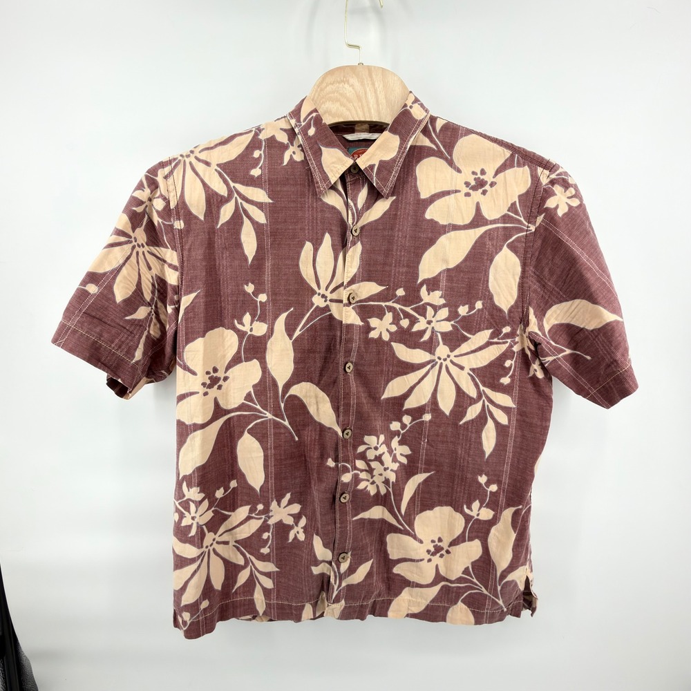 Tommy Bahama Relax Shirt Mens XL Maroon Cotton Silk Floral Pigment Print Casual